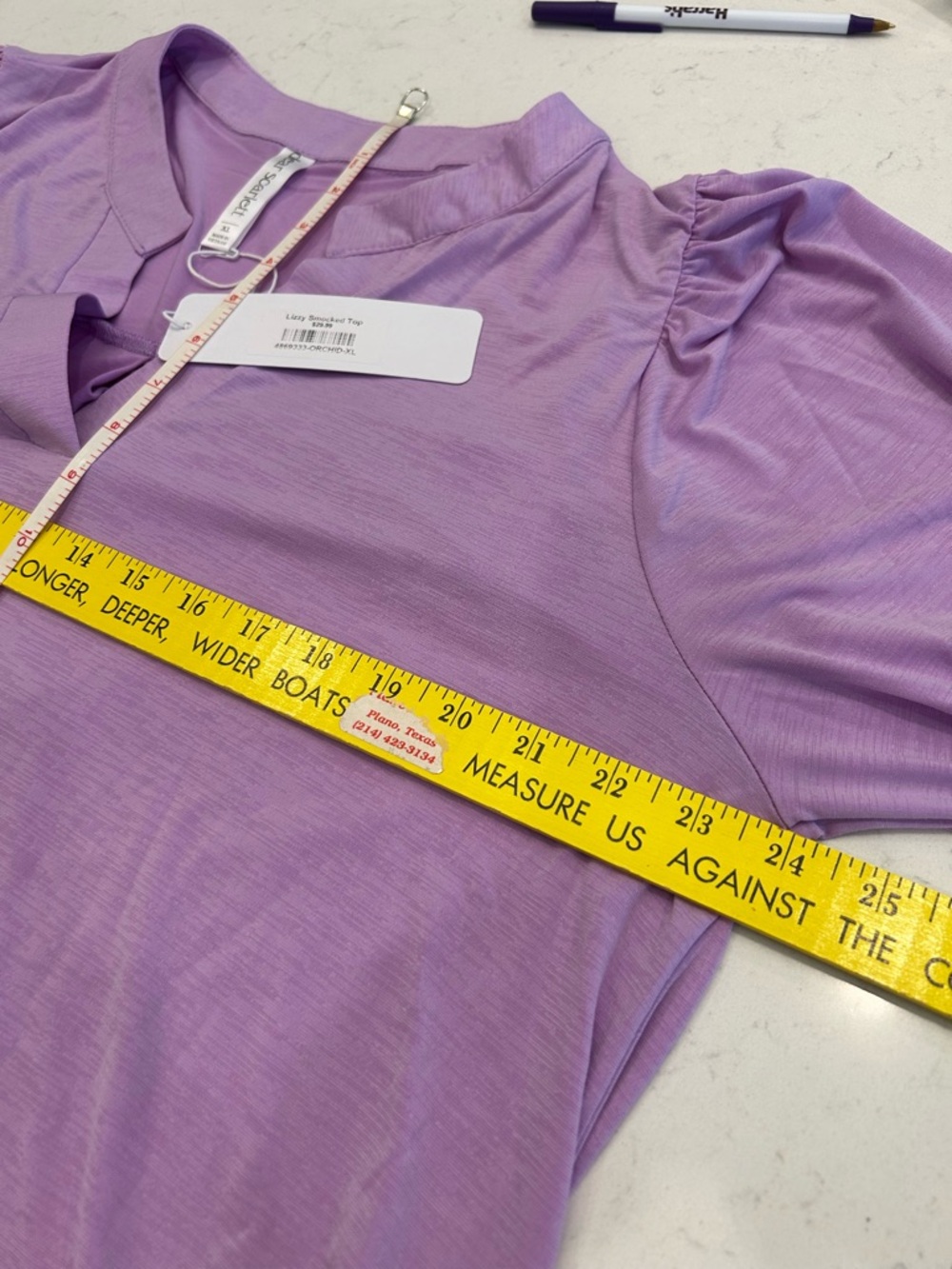 Women's Lavender Split-Neck Smocked Sleeve Blouse - Picture 6 of 8